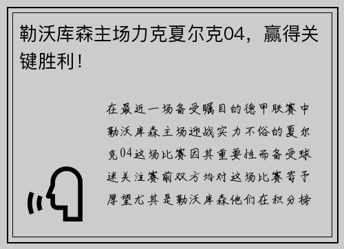 勒沃库森主场力克夏尔克04，赢得关键胜利！